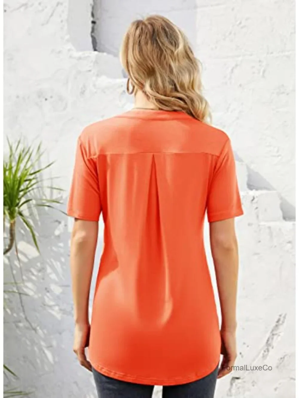 Women's Zip Front V-Neck Short Sleeve Tunic Blouse with Pockets - Stretchable